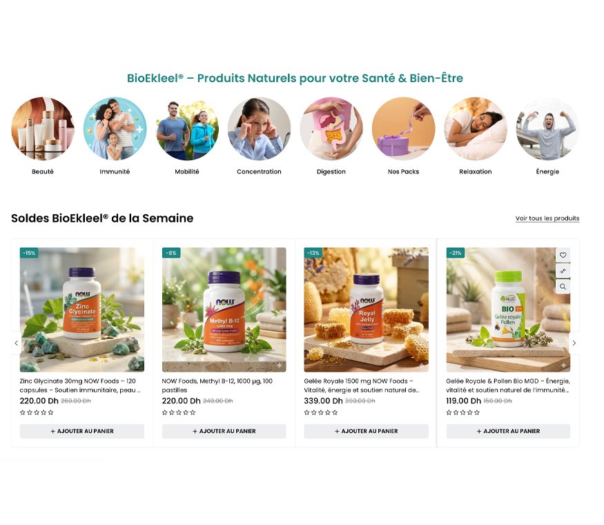 Catalogue produits bioekleel site E-commerce au Maroc