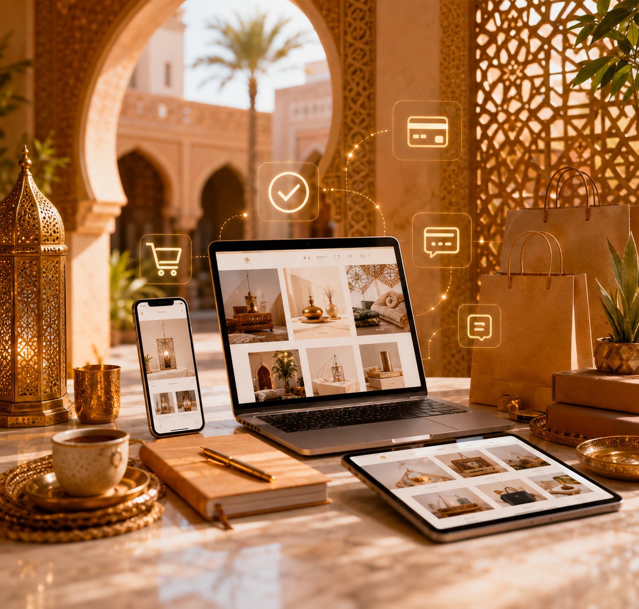 Expérience d’achat e-commerce au Maroc sur ordinateur, smartphone et tablette avec paiement et commande en ligne